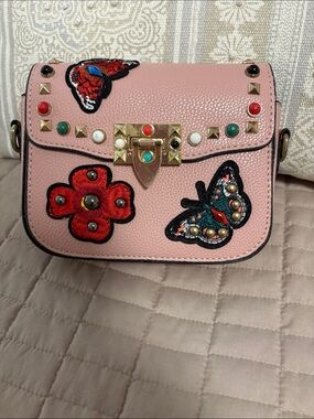 Pink Embellished Crossbody Bag with Floral & Butterfly Appliqué. Candy couture